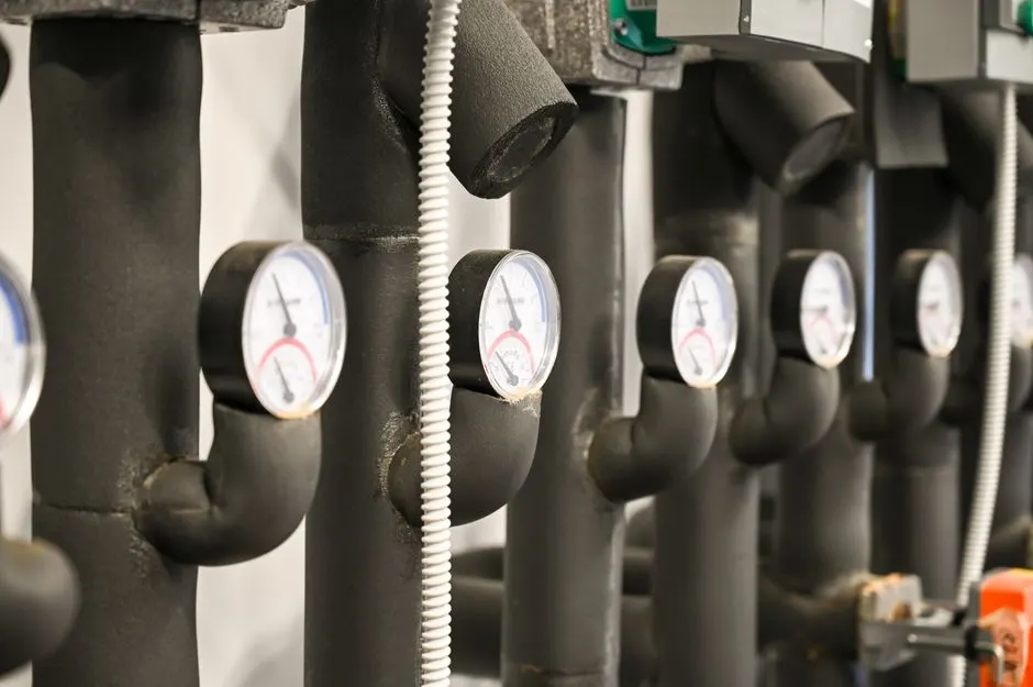 Industrial pipes and pressure gauges in a facility at Garešnica, Croatia.